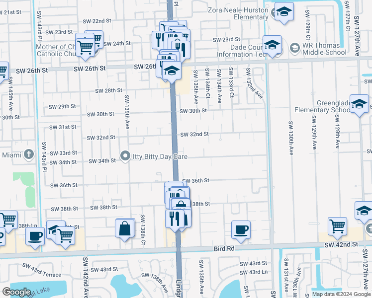 map of restaurants, bars, coffee shops, grocery stores, and more near 13657 Southwest 34th Street in Miami