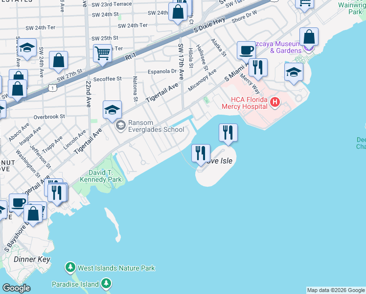 map of restaurants, bars, coffee shops, grocery stores, and more near 1826 South Bayshore Lane in Miami