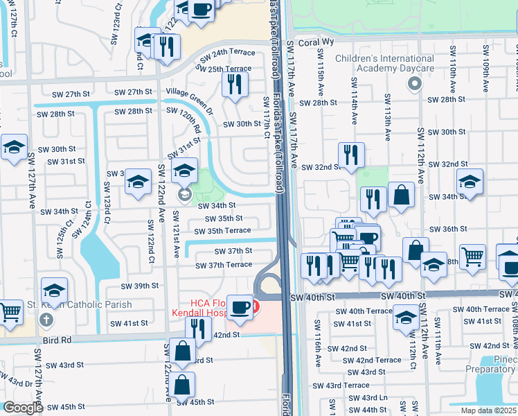 map of restaurants, bars, coffee shops, grocery stores, and more near 11820 Southwest 34th Street in Miami