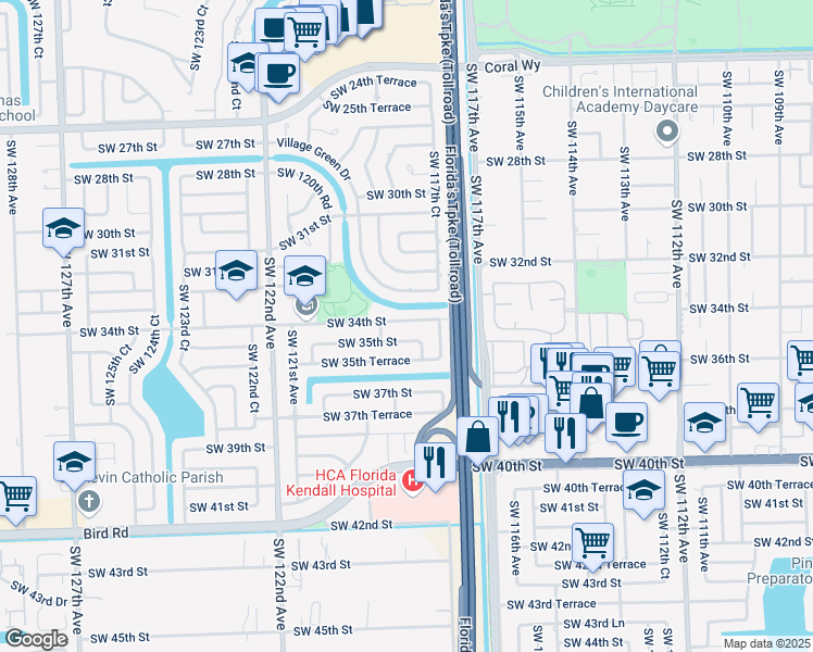 map of restaurants, bars, coffee shops, grocery stores, and more near 11820 Southwest 34th Street in Miami