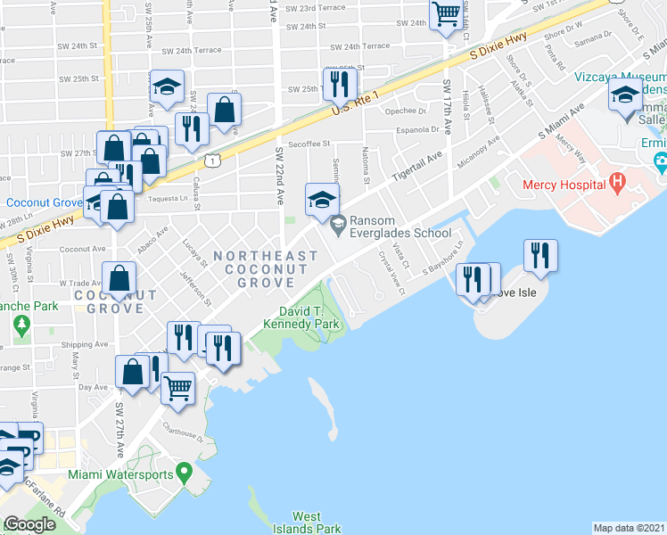 map of restaurants, bars, coffee shops, grocery stores, and more near 2121 South Bayshore Drive in Miami