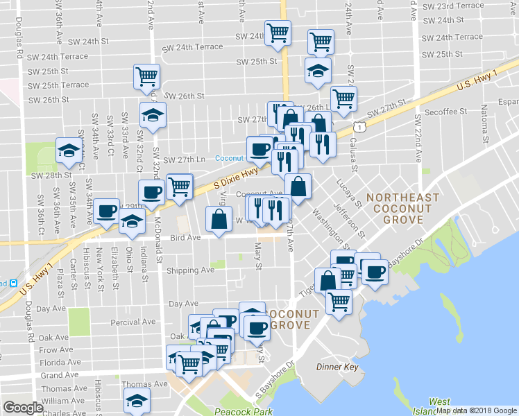 map of restaurants, bars, coffee shops, grocery stores, and more near 2930 Louise Street in Miami