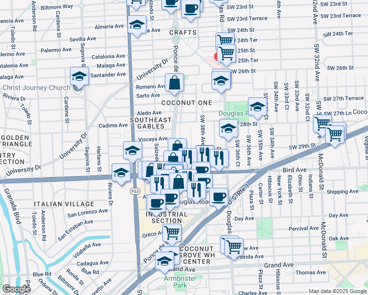 map of restaurants, bars, coffee shops, grocery stores, and more near 3853 Southwest 29th Street in Miami