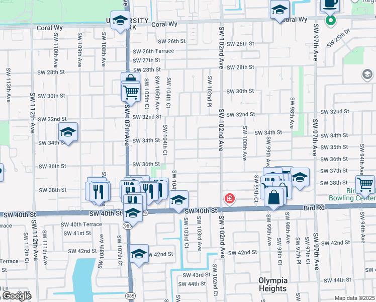 map of restaurants, bars, coffee shops, grocery stores, and more near 10320 Southwest 35th Street in Miami