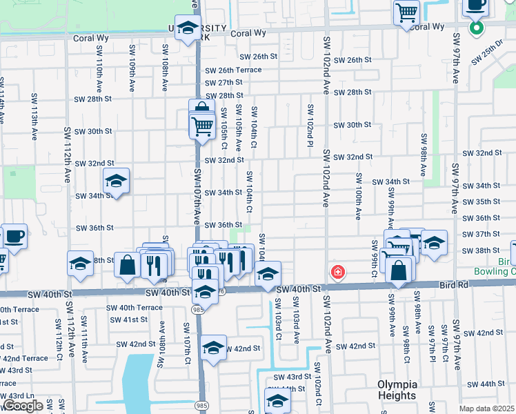 map of restaurants, bars, coffee shops, grocery stores, and more near 3440 Southwest 104th Avenue in Miami