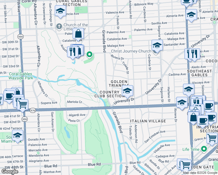 map of restaurants, bars, coffee shops, grocery stores, and more near 3801 Granada Boulevard in Coral Gables