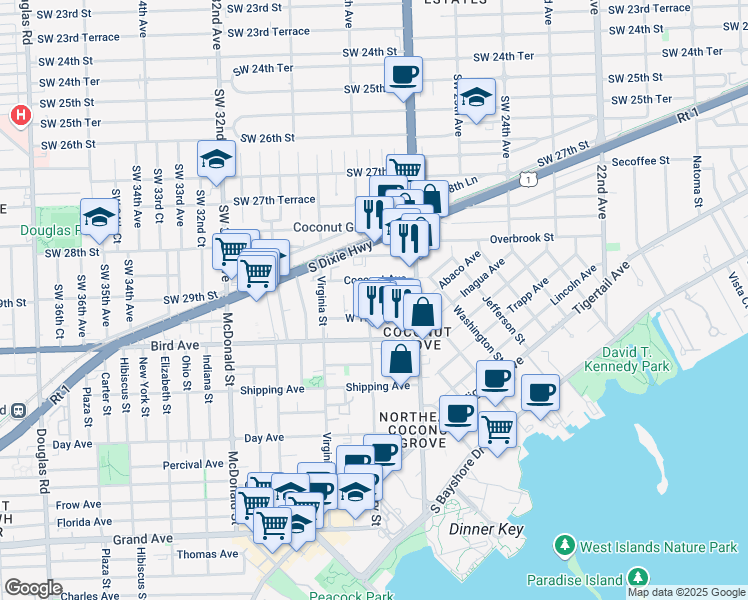 map of restaurants, bars, coffee shops, grocery stores, and more near 2930 Louise Street in Miami