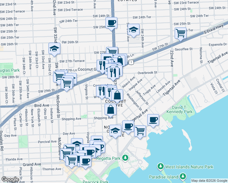 map of restaurants, bars, coffee shops, grocery stores, and more near 2912 Southwest 27th Avenue in Miami