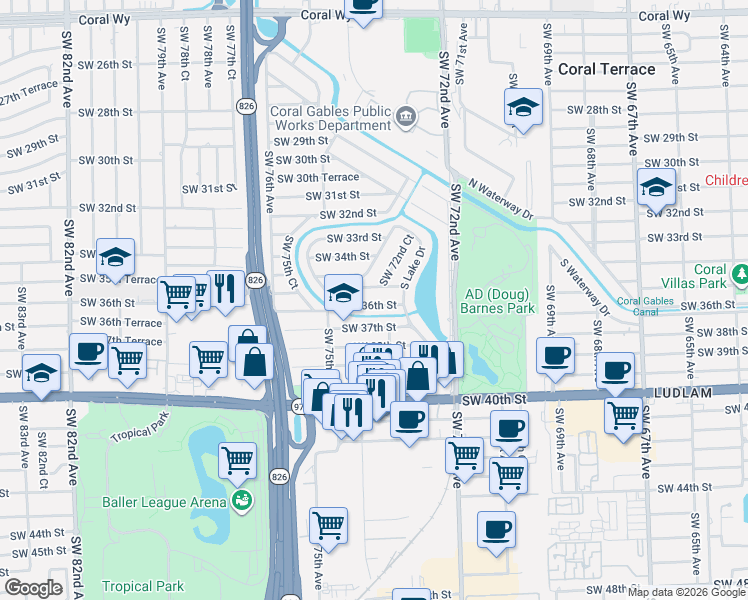 map of restaurants, bars, coffee shops, grocery stores, and more near 7355 Southwest 36th Street in Miami