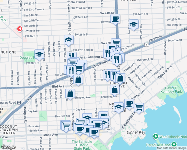 map of restaurants, bars, coffee shops, grocery stores, and more near 2927 Southwest 30th Court in Miami