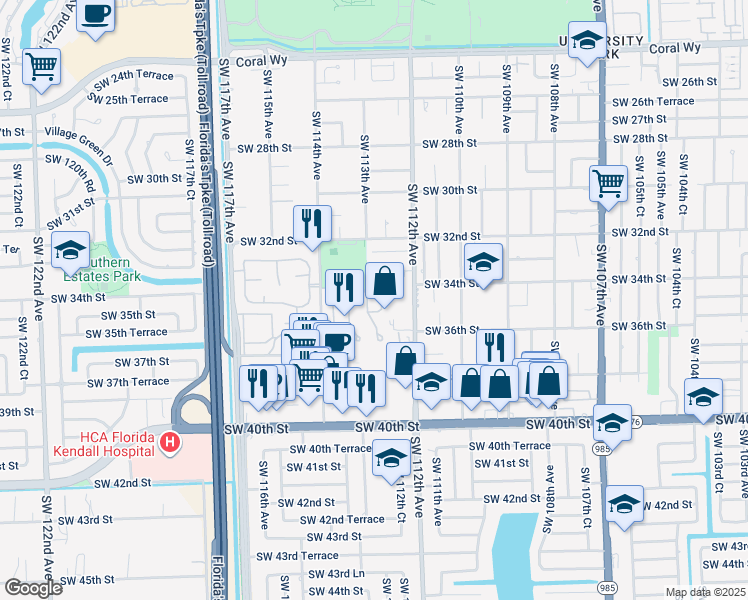 map of restaurants, bars, coffee shops, grocery stores, and more near 11258 Southwest 34th Lane in Miami