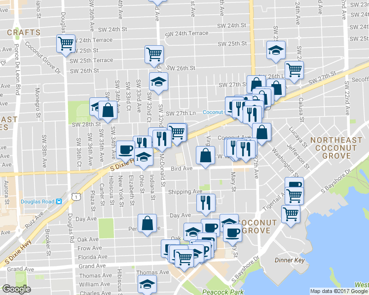 map of restaurants, bars, coffee shops, grocery stores, and more near 2924 Bridgeport Avenue in Miami