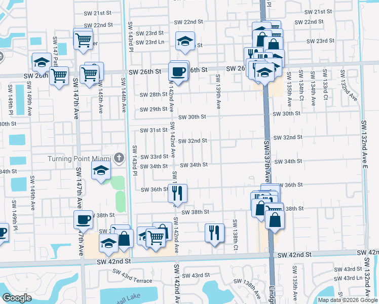 map of restaurants, bars, coffee shops, grocery stores, and more near 3280 Southwest 140th Avenue in Miami