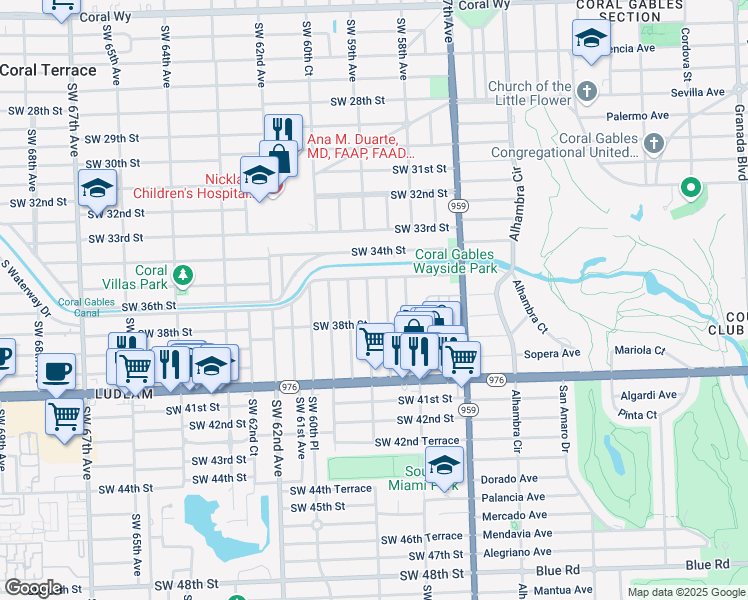 map of restaurants, bars, coffee shops, grocery stores, and more near 3615 Southwest 59th Avenue in Miami
