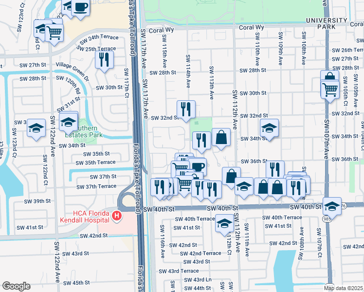 map of restaurants, bars, coffee shops, grocery stores, and more near 3416 Southwest 114th Court in Miami