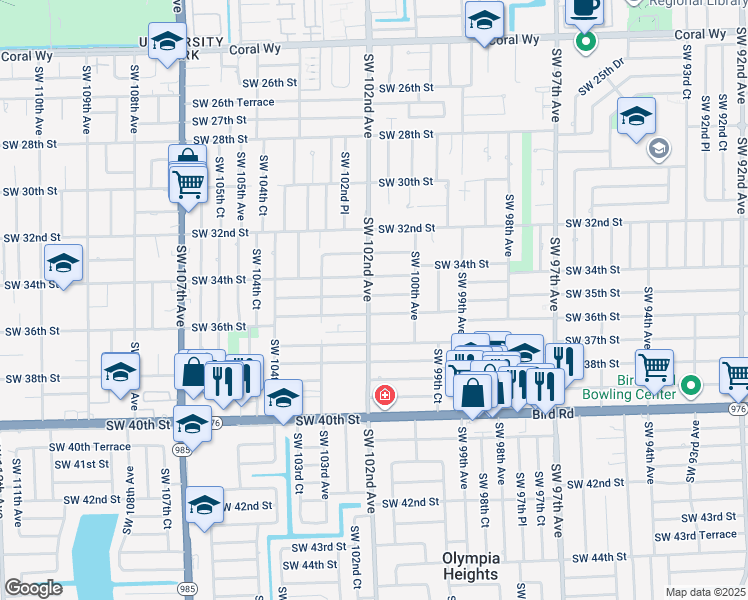 map of restaurants, bars, coffee shops, grocery stores, and more near 3501 Southwest 102nd Avenue in Miami