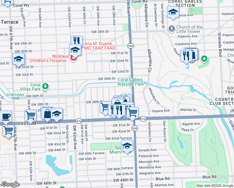 map of restaurants, bars, coffee shops, grocery stores, and more near 3701 Southwest 58th Avenue in Miami
