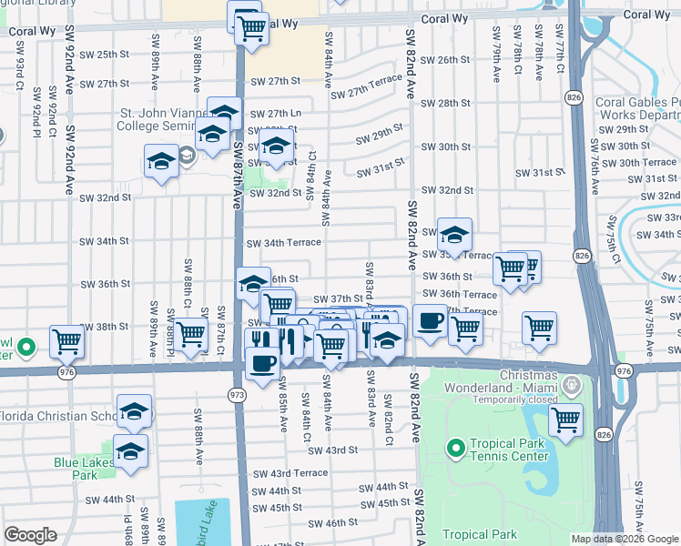 map of restaurants, bars, coffee shops, grocery stores, and more near 8351 Southwest 36th Street in Miami