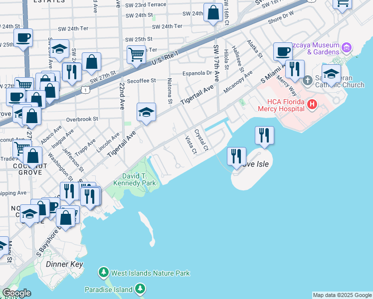 map of restaurants, bars, coffee shops, grocery stores, and more near 3525 Crystal View Court in Miami