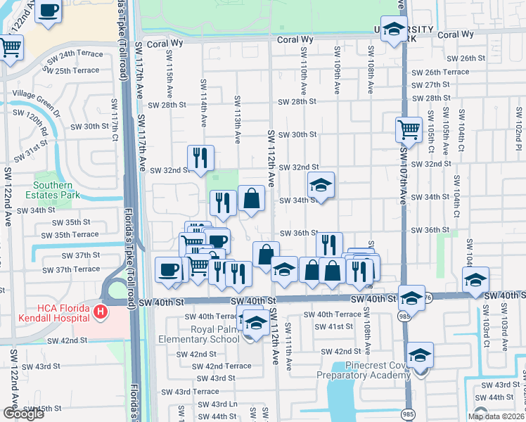 map of restaurants, bars, coffee shops, grocery stores, and more near 3482 Southwest 112th Avenue in Miami