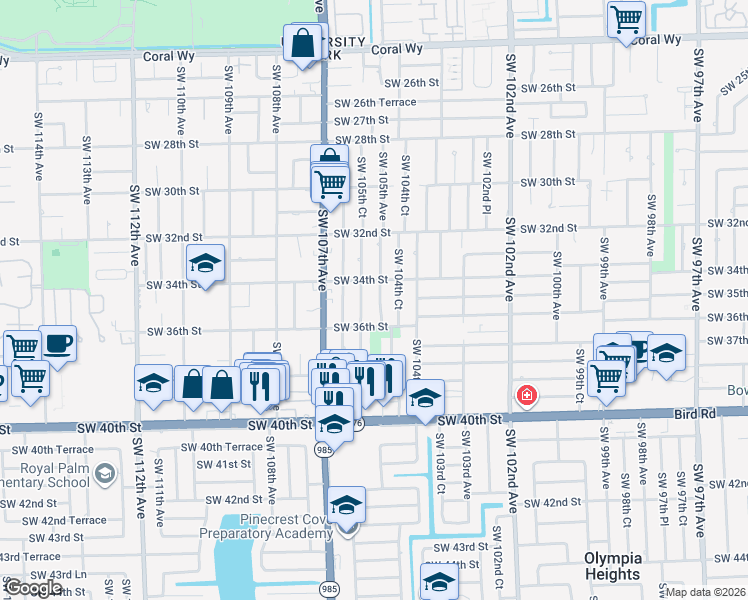 map of restaurants, bars, coffee shops, grocery stores, and more near 3440 Southwest 105th Avenue in Miami