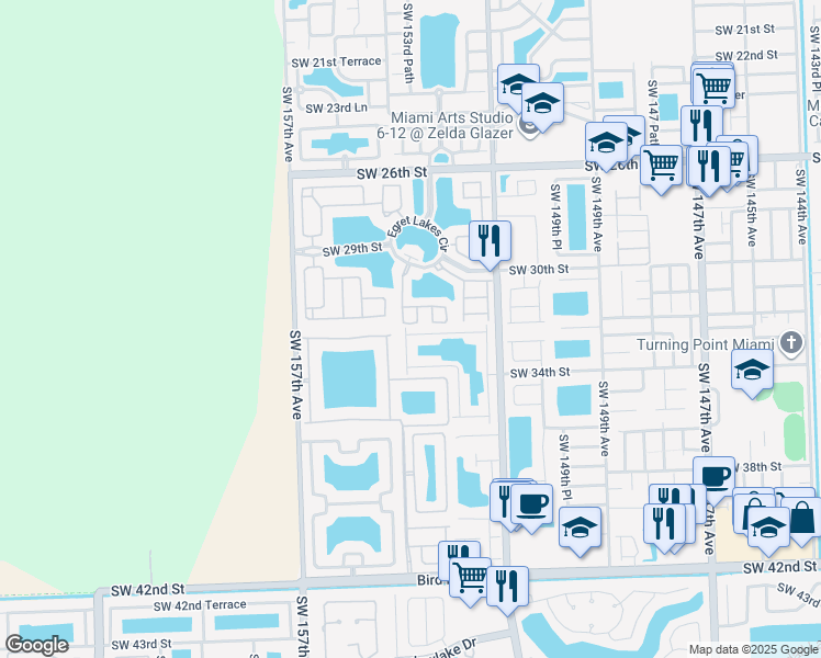 map of restaurants, bars, coffee shops, grocery stores, and more near 15375 SW 32nd Terrace in Miami