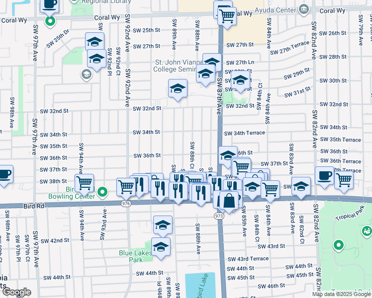 map of restaurants, bars, coffee shops, grocery stores, and more near 3535 Southwest 88th Place in Miami