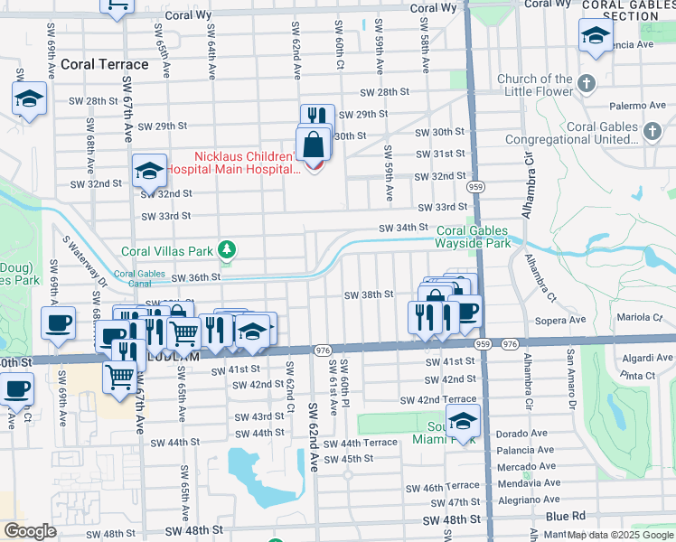map of restaurants, bars, coffee shops, grocery stores, and more near 3636 Southwest 60th Place in Miami