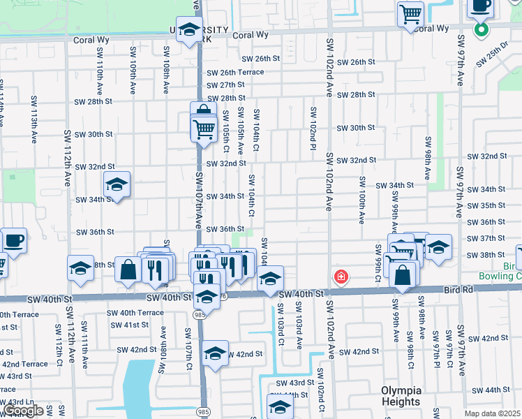 map of restaurants, bars, coffee shops, grocery stores, and more near 3440 Southwest 104th Avenue in Miami