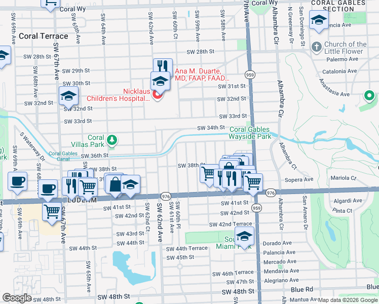 map of restaurants, bars, coffee shops, grocery stores, and more near 3611 Southwest 60th Court in Miami