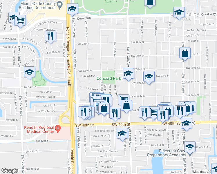 map of restaurants, bars, coffee shops, grocery stores, and more near 3452 Southwest 113th Court in Miami