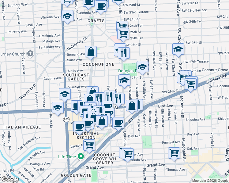 map of restaurants, bars, coffee shops, grocery stores, and more near 3785 Southwest 29th Street in Miami