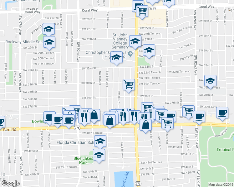 map of restaurants, bars, coffee shops, grocery stores, and more near 3535 Southwest 88th Place in Miami