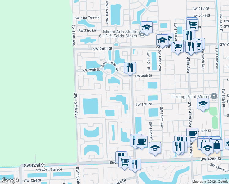 map of restaurants, bars, coffee shops, grocery stores, and more near 15321 Southwest 32nd Terrace in Miami