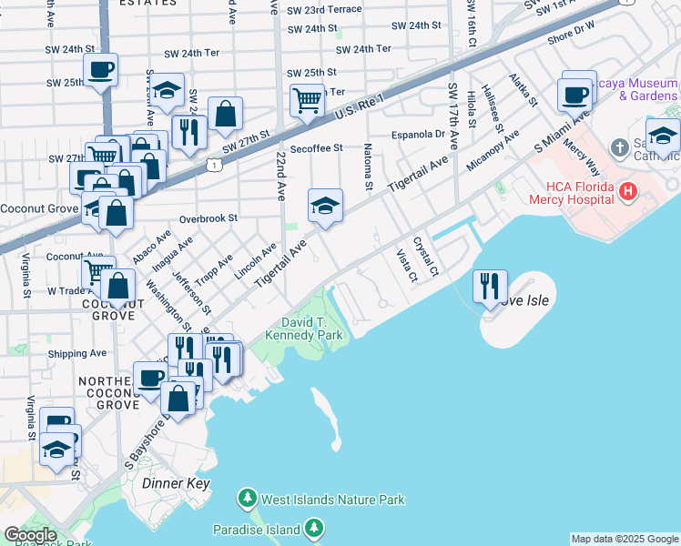 map of restaurants, bars, coffee shops, grocery stores, and more near South Bayshore Drive in Miami