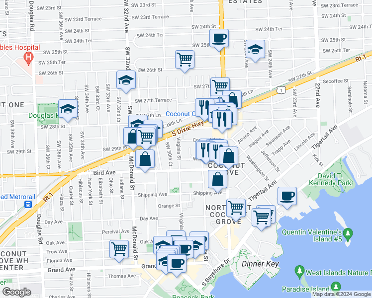 map of restaurants, bars, coffee shops, grocery stores, and more near 2932 Catalina Street in Miami