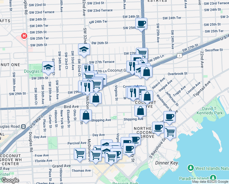 map of restaurants, bars, coffee shops, grocery stores, and more near 2927 Southwest 30th Court in Miami
