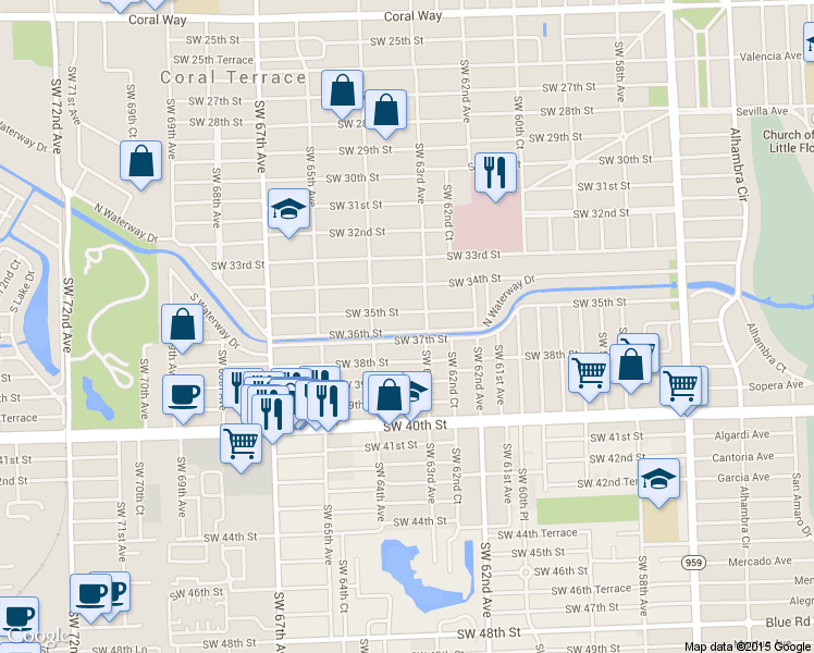 map of restaurants, bars, coffee shops, grocery stores, and more near 6351 Southwest 36th Street in Miami