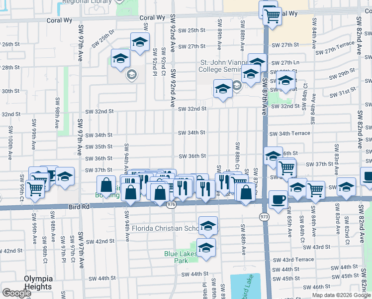 map of restaurants, bars, coffee shops, grocery stores, and more near 3530-3532 Southwest 91 Avenue in Miami