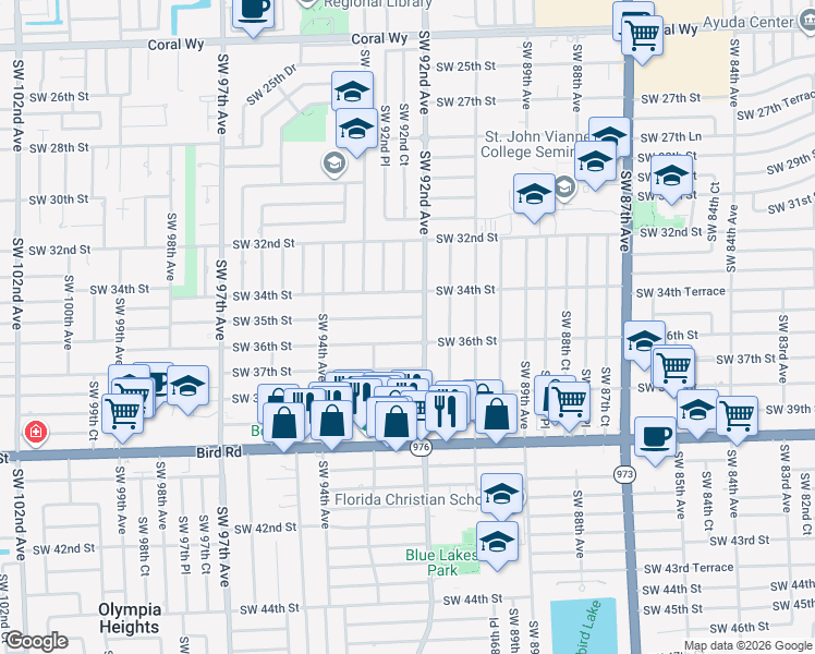 map of restaurants, bars, coffee shops, grocery stores, and more near 9230 Southwest 35th Street in Miami