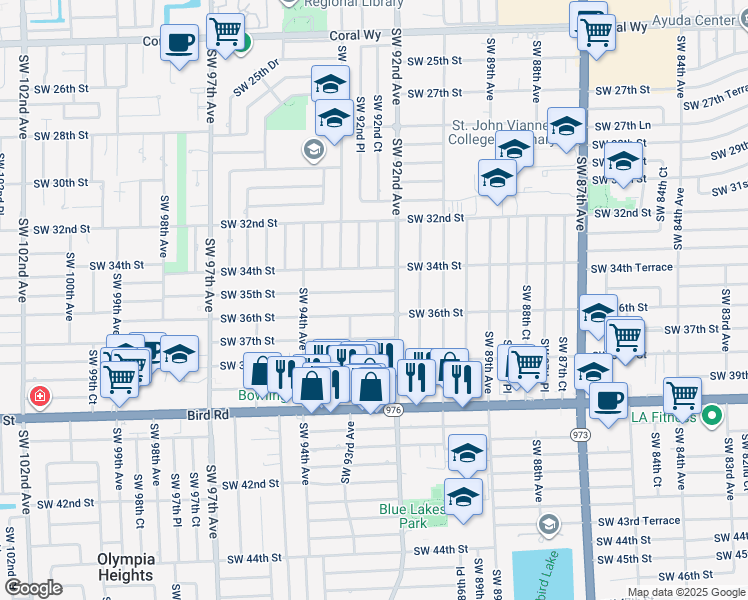 map of restaurants, bars, coffee shops, grocery stores, and more near 9230 Southwest 35th Street in Miami