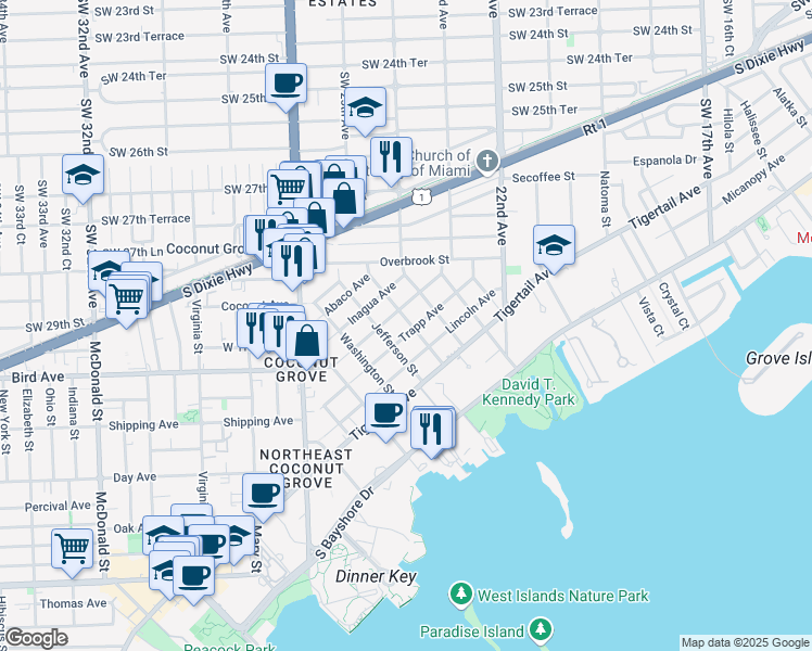 map of restaurants, bars, coffee shops, grocery stores, and more near 3040 Lucaya Street in Miami