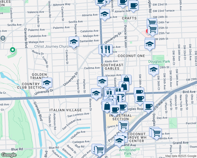map of restaurants, bars, coffee shops, grocery stores, and more near 430 Fluvia Avenue in Coral Gables