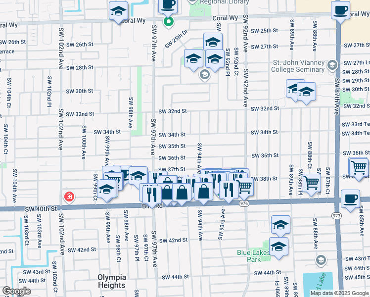 map of restaurants, bars, coffee shops, grocery stores, and more near 9460 Southwest 35th Street in Miami