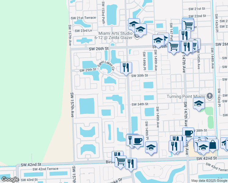 map of restaurants, bars, coffee shops, grocery stores, and more near 15321 Southwest 32nd Terrace in Miami