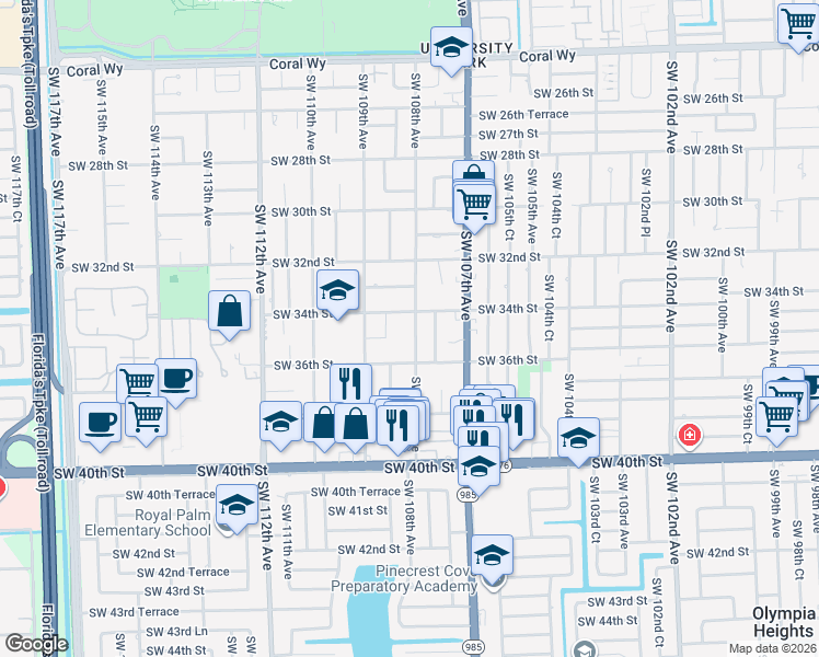 map of restaurants, bars, coffee shops, grocery stores, and more near 3430 Southwest 108th Avenue in Miami