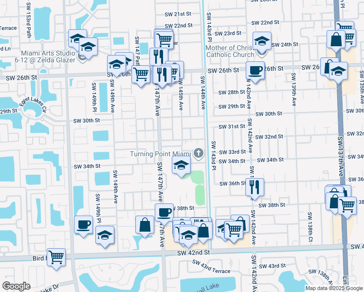 map of restaurants, bars, coffee shops, grocery stores, and more near 3261 Southwest 145th Avenue in Miami