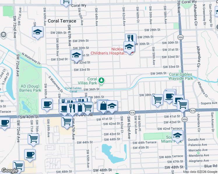 map of restaurants, bars, coffee shops, grocery stores, and more near 6351 Southwest 36th Street in Miami