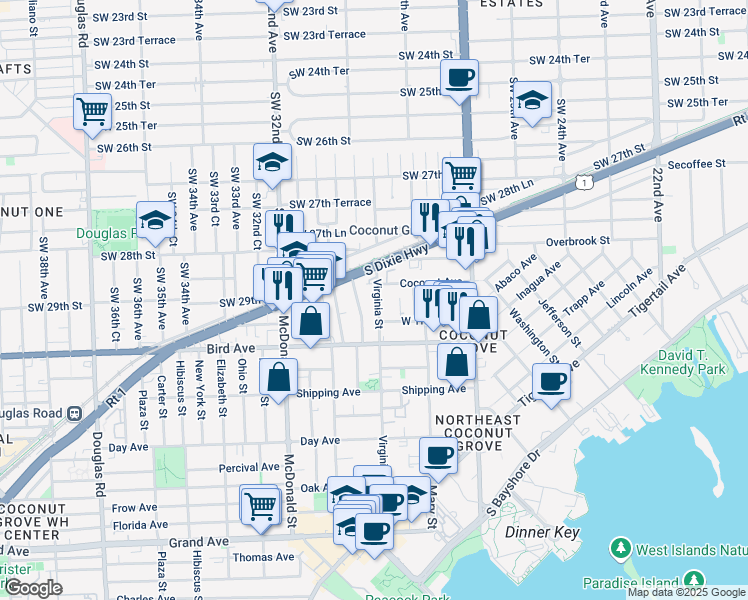 map of restaurants, bars, coffee shops, grocery stores, and more near 2918 Virginia Street in Miami