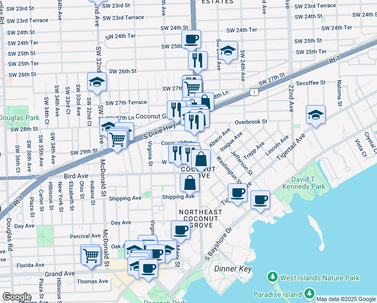 map of restaurants, bars, coffee shops, grocery stores, and more near 2950 Southwest 27th Avenue in Miami